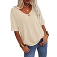 thumbnail image 5 of LEEYNEER Women Fashion V-Neck Half Sleeves Oversized T Shirt Solid Color Casual Loose Basic Tops S-2XL, 5 of 5