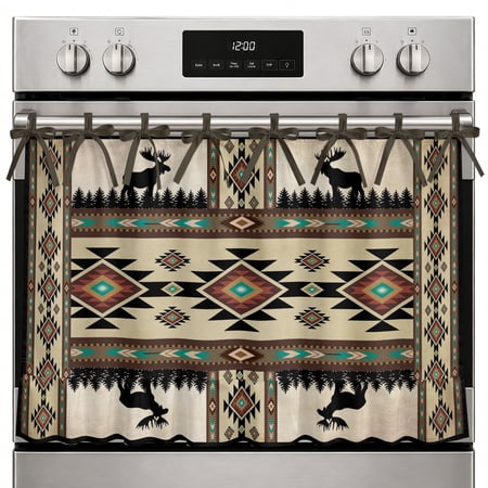Farmhouse Oven Skirt Curtain Southwest Oven Curtain Tie Top Brown Forest Tree Elk Geometric Green Stove Skirt Curtains with Ties&Ruffle Trim Dishwasher Skirts Curtains Cover for Cabinet 27 x20