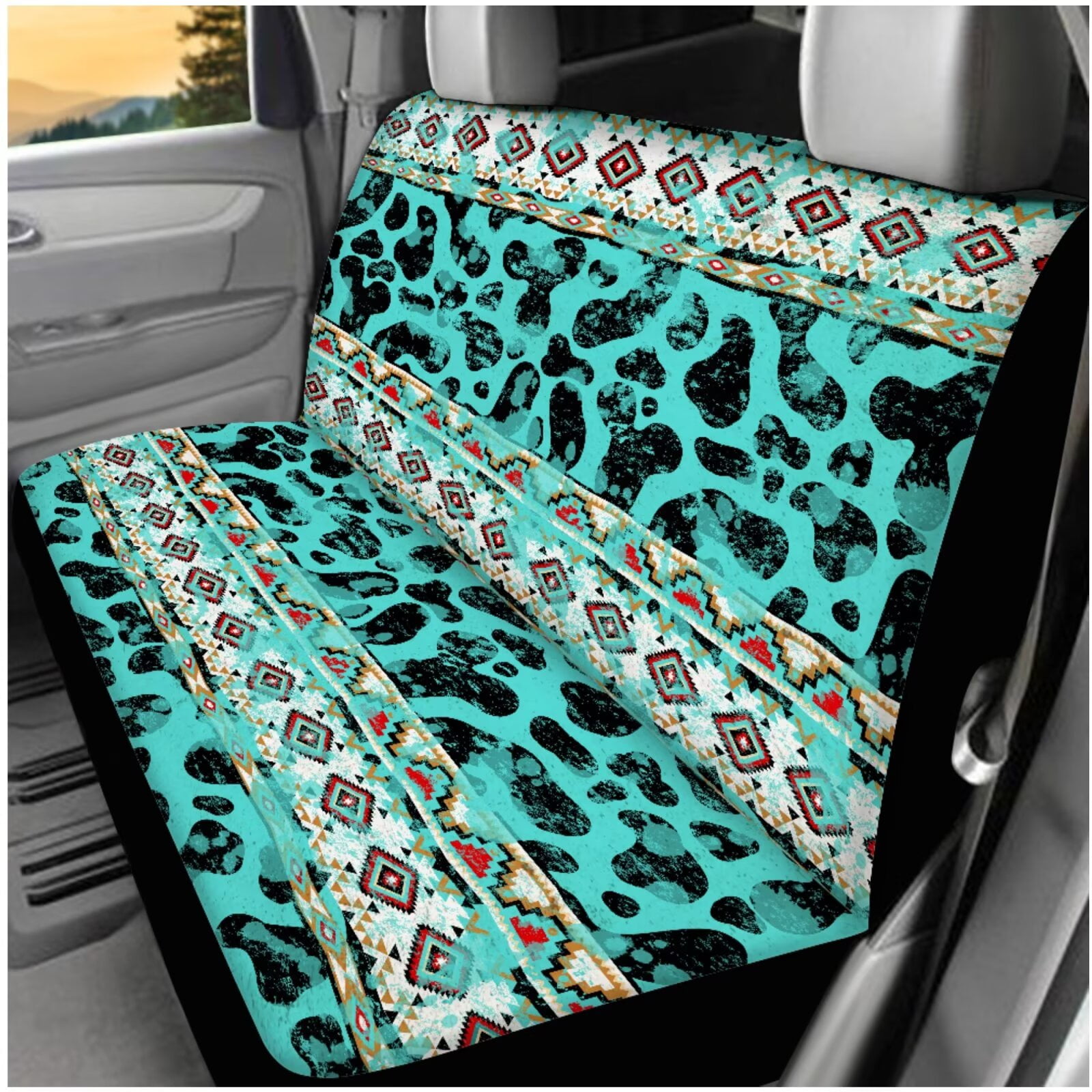 Yuyamidu Cow Print Car Seat Covers Full Set of 14 Cyan Aztec Steering Wheel Cover Seatbelt Shoulder Pad Car Headrest Covers Armrest Pad Key Ring Coasters for SUV Sedan