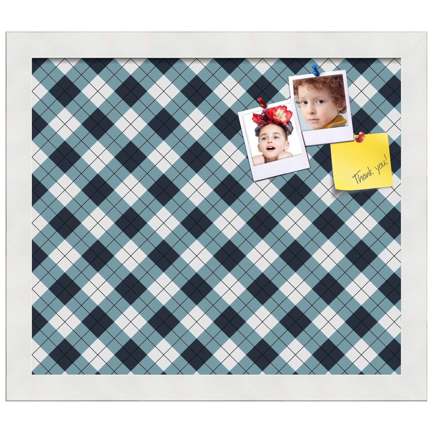 PinPix ArtToFrames 12x10 Custom Cork Bulletin Board Argyle Mixed Blue   Poster Board Has a Fabric Style Canvas Finish, Framed in Satin White Frame (PinPix-630)