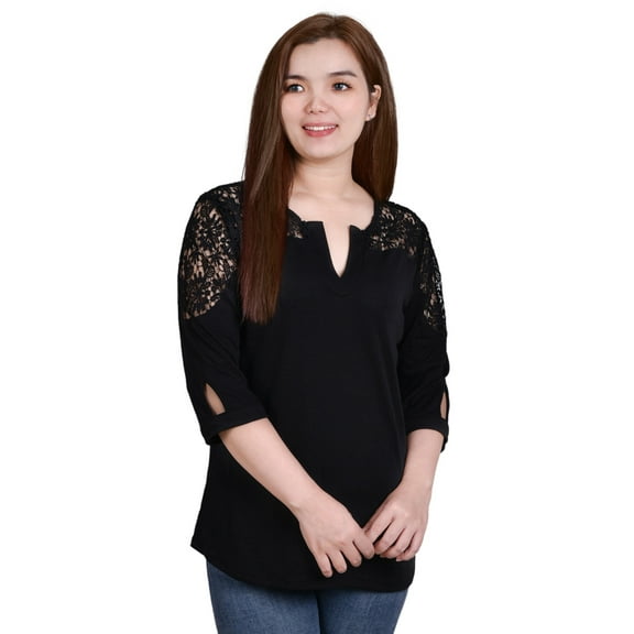 3/4 Sleeve Knit Gauze Top With Lace