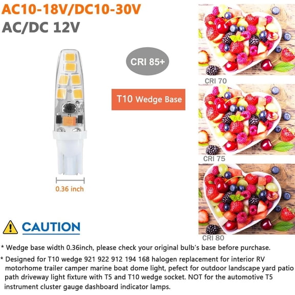 YJYASX-T5 T10 Wedge Base 2W LED Bulb 3000K Warm White for 12V 24volt Landscape Path Light, 921 922 912 194 168 T10 wedge RV Camper Trailer Motorhome Marine Boat Dome Light, 6 Pack