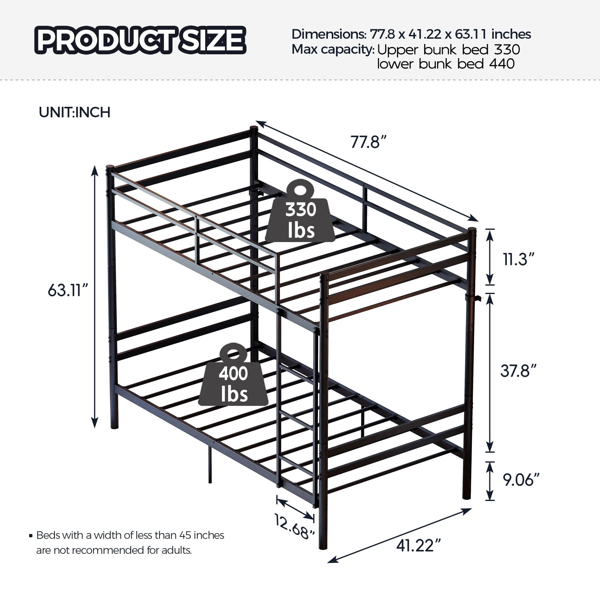 MAYEERTY Twin Over Twin Metal Bunk Bed with Ladder and High Guardrail, Splittable into 2 Individual Twin Beds, for Kids Teens Adults Bedroom Dorm, No Box Spring Needed