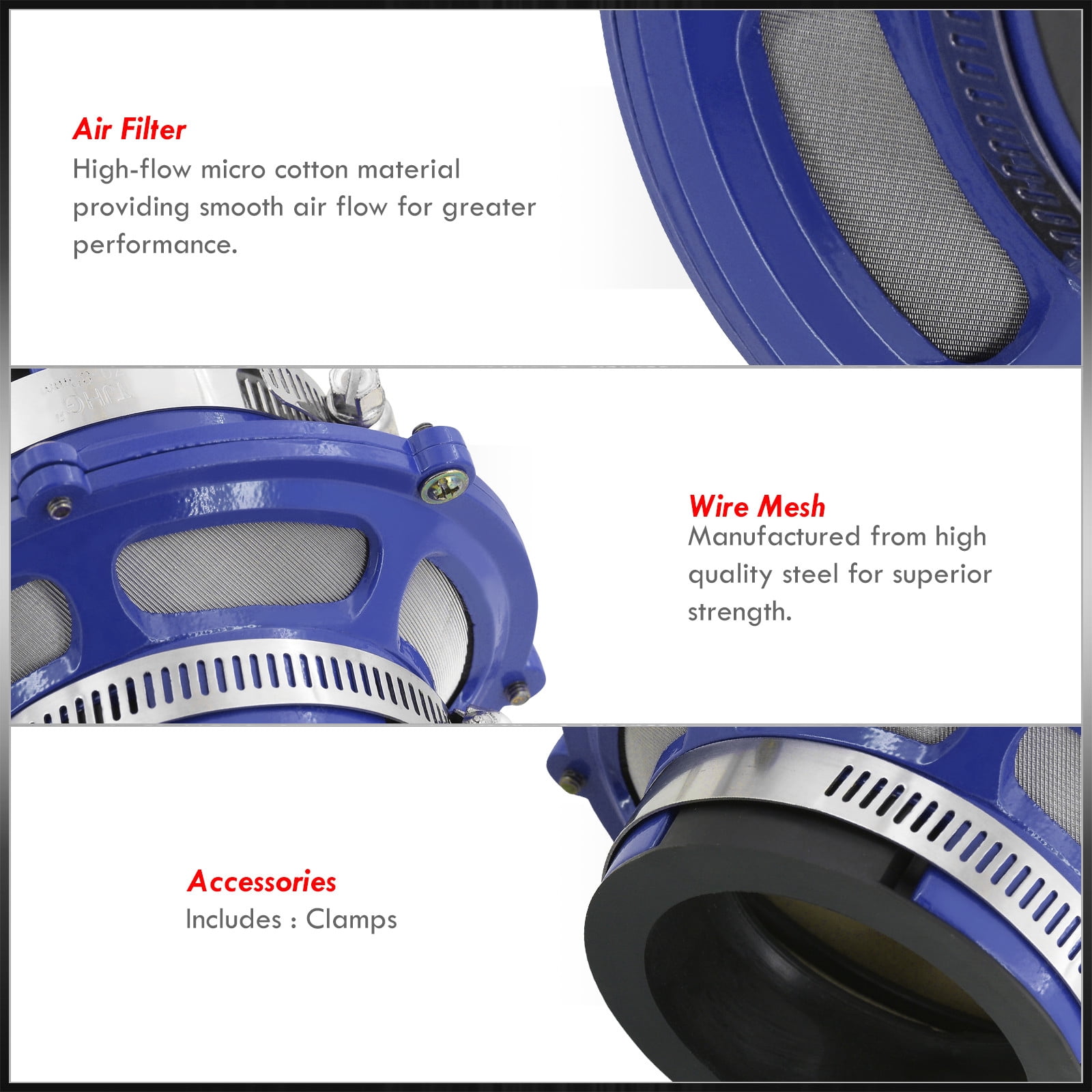 AJP Distributors Upgrade JDM Universal 2.75" High Flow Cold Short Air Intake CAI SRI Forced Induction Turbo Charger Bypass Valve Rubber Filter Hydro Lock Protection Kit Clamp Blue