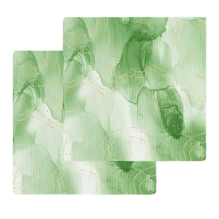 Green Marble Dish Towels Set Waffle Weave Kitchen Towels 2 Pieces Modern Abstract Art Yellow Lines Ink Painting Microfiber Hair Face Bath Tea Towel Absorbent Quick Drying Cleaning Dish Cloths 12 x12