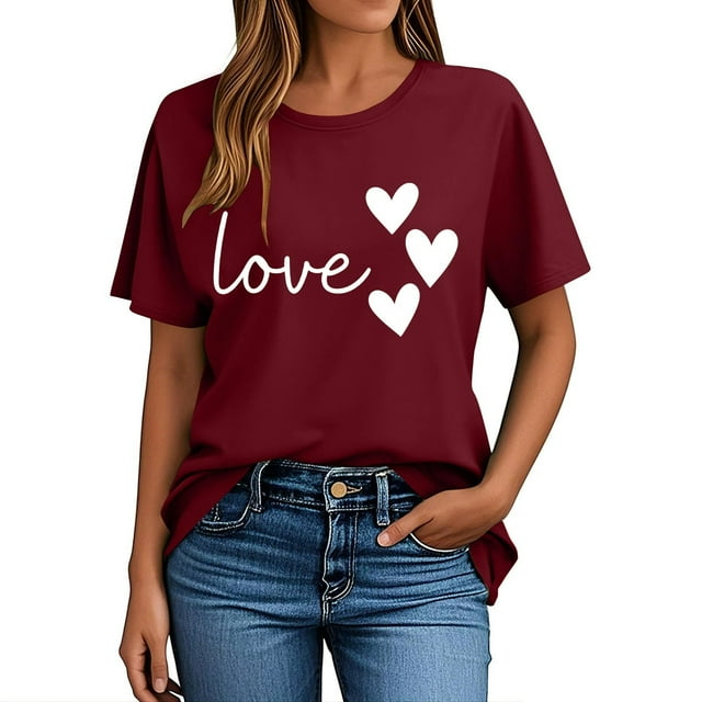 Leodye Cadeau de la Saint-Valentin pour Femmes T-shirt à Manches Courtes Col Rond Imprimé Lettre Cœur Décontracté et Ample Vin m(m)