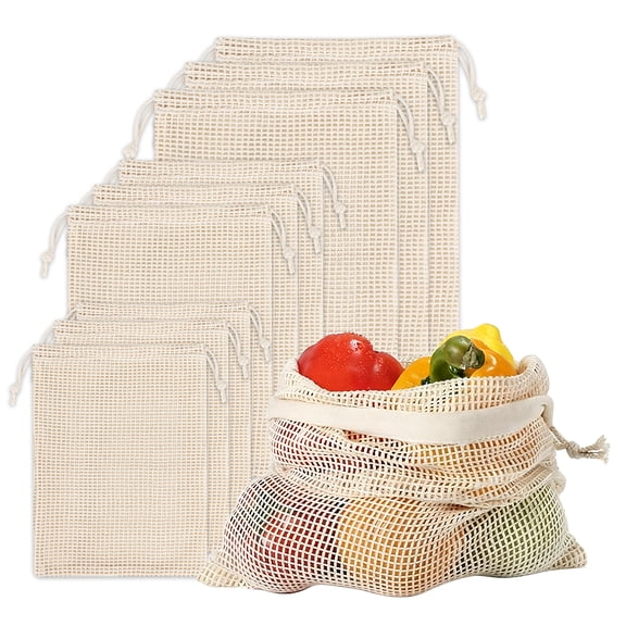 Reusable Organic Cotton Mesh Produce Bags, Washable Double-Stitched Tare Weight Drawstring Bags for Vegetables Fruit Grocery Shopping (3S, 3M, 3L)