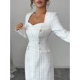 thumbnail image 3 of White Tweed Sweetheart Neck Long Sleeve Tailored Short Dress For Women, 3 of 7