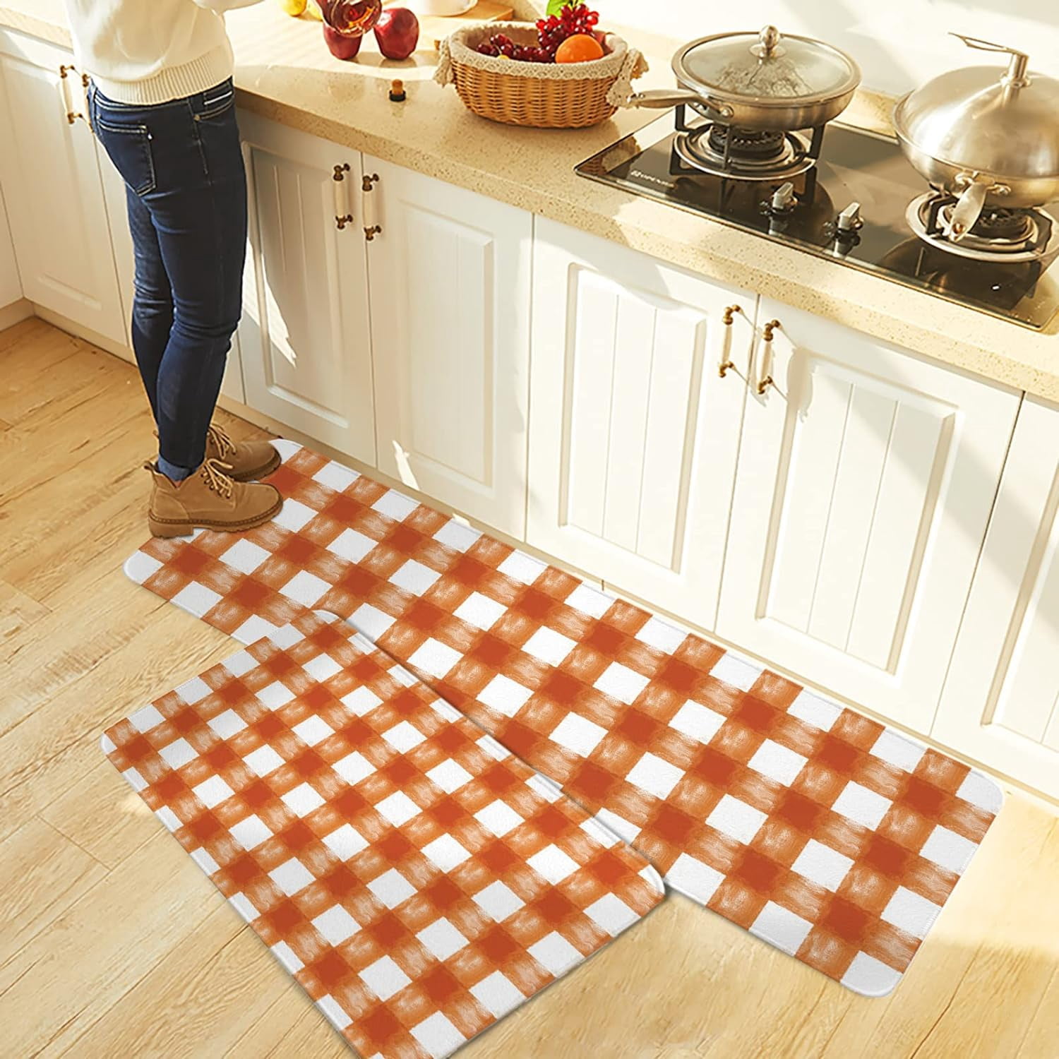 Kitchen Rug Mat Grid Farmhouse, Set of 2, Anti-Fatigue Non-Skid Washable Kitchen Runner Rugs, Watercolor Orange Soft Comfort Rug for Kitchen, Floor Home, Front of Sink, Laundry