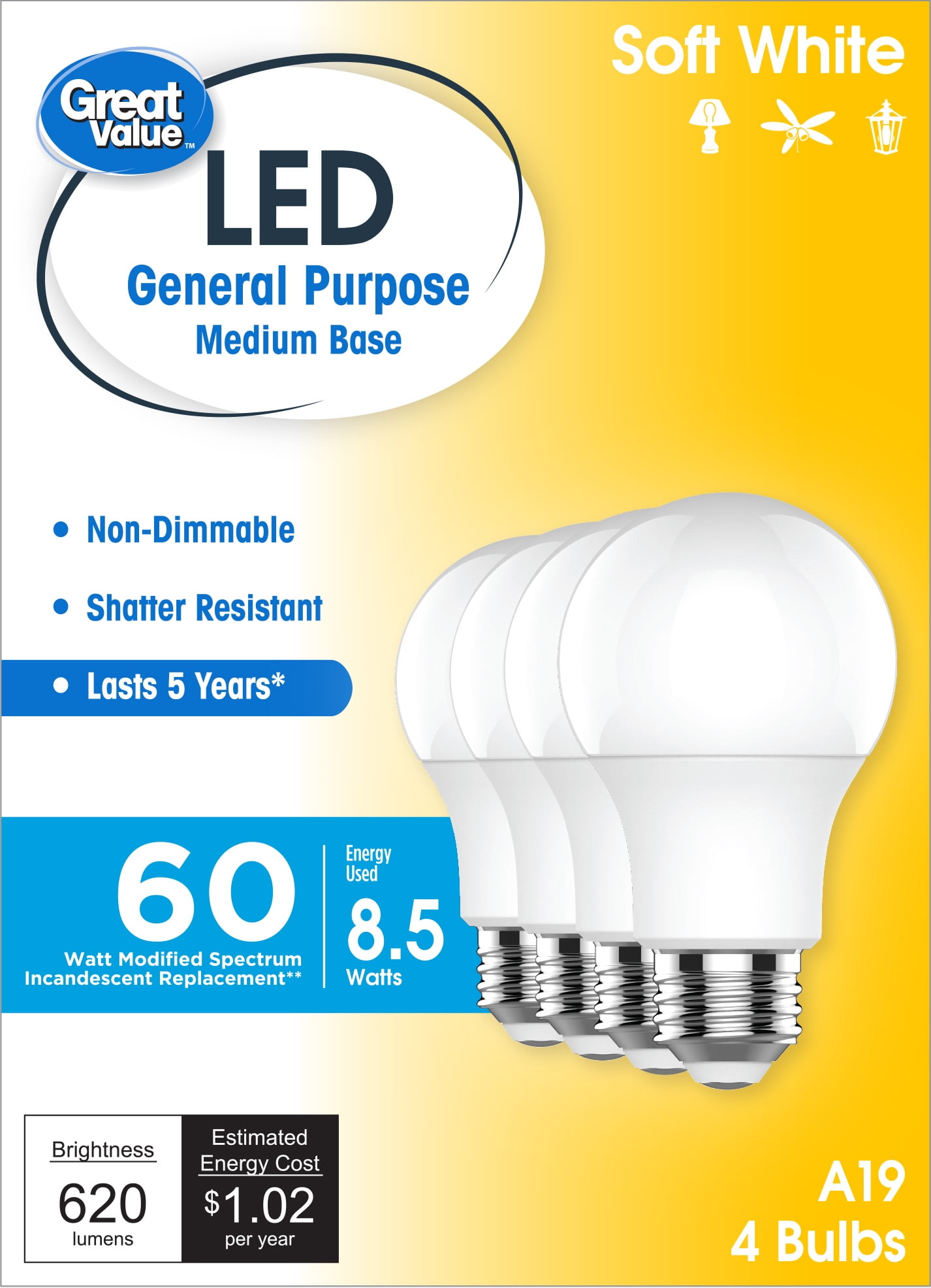 Great Value LED Light Bulbs, 60 Watts Eqv, Soft White, A19 General