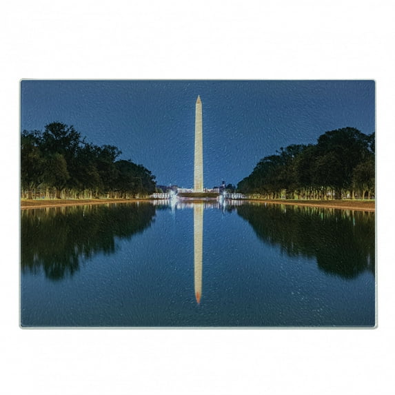 Obelisk Cutting Board, Photo of Washington Monument Reflection on Pool at Night Time Structure Print, Decorative Tempered Glass Cutting and Serving Board, in 3 Sizes, by Ambesonne