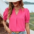 thumbnail image 6 of JGGSPWM Women Short Sleeve V Neck Strawberry Split Smocked Puff Dressy Casual Tops Blouse Hot Pink S, 6 of 8