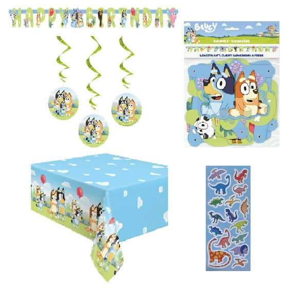 Unique Bluey Birthday Birthday Party Decoration Bundle includes 1 Happy Birthday Banner, 3 Hanging Swirl Decorations with Paper Cutouts, 1 Plastic Table Cover, 1 Dinosaur Sticker Sheet