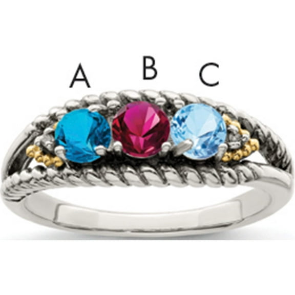 14K/Silver Two-Tone Sterling Silver & 14K Three-Stone And Diamond Mother's Ring Semi-Mount (Size 7) Made In Thailand qmr25/3-7