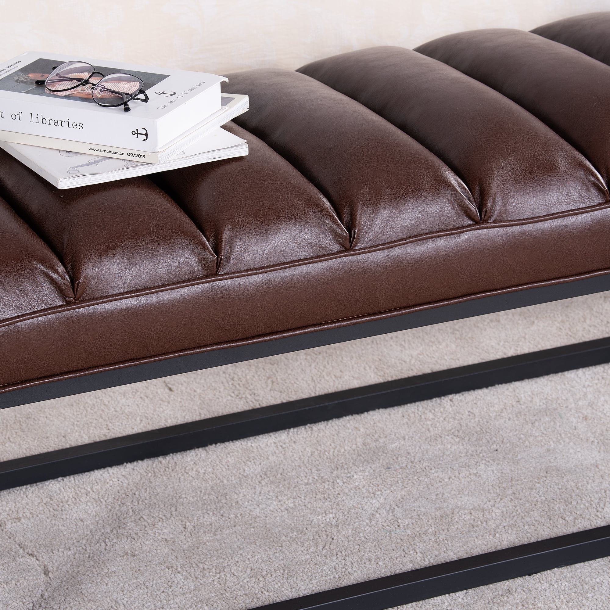 Kadyn Metal Base Upholstered Bench, PU Ottoman Bench for Entryway, Modern PU Bench for Bedroom, Dark Brown