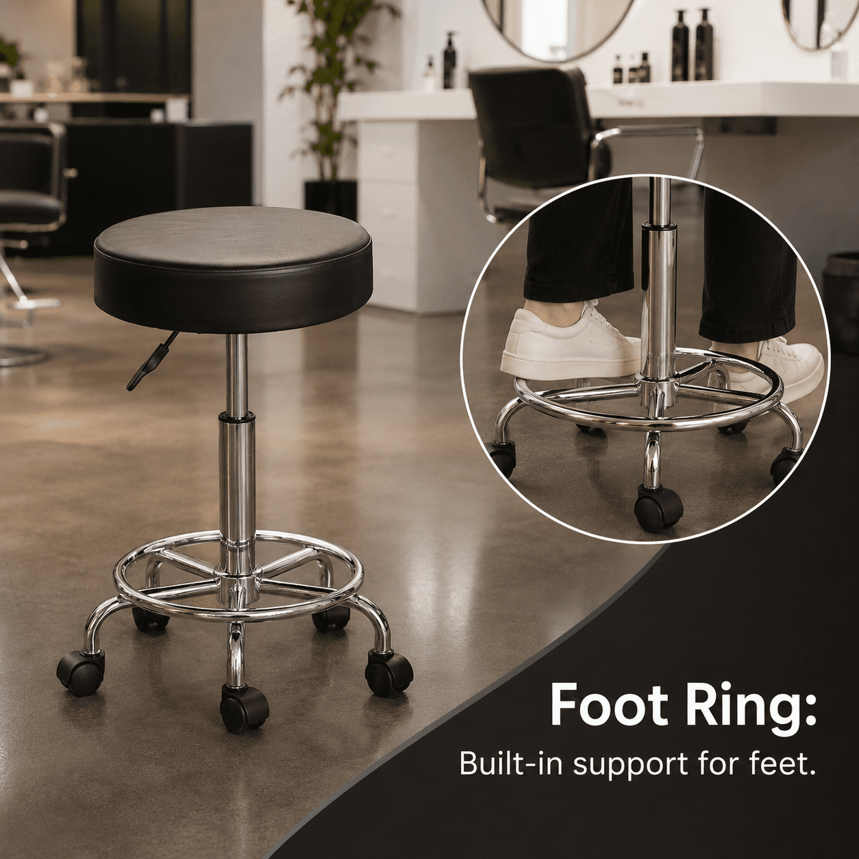 Alvantor Salon Stool with Thick Foam, Adjustable Height, 360 Swivel, Foot Ring, Black