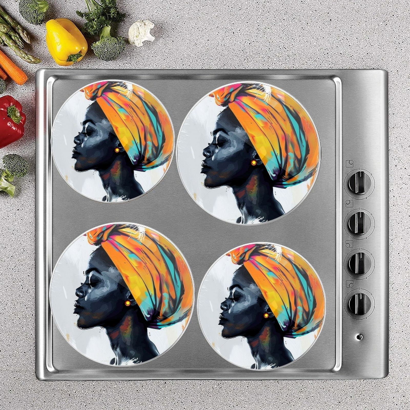 Bahomeck Electric Stove Burner Covers Set Of 4,Beautiful African Woman With Orange And Yellow Turban OnHead Metal Gas Stove Burner Covers,Protecting Gas Stoves,8 Inch And 10 Inch