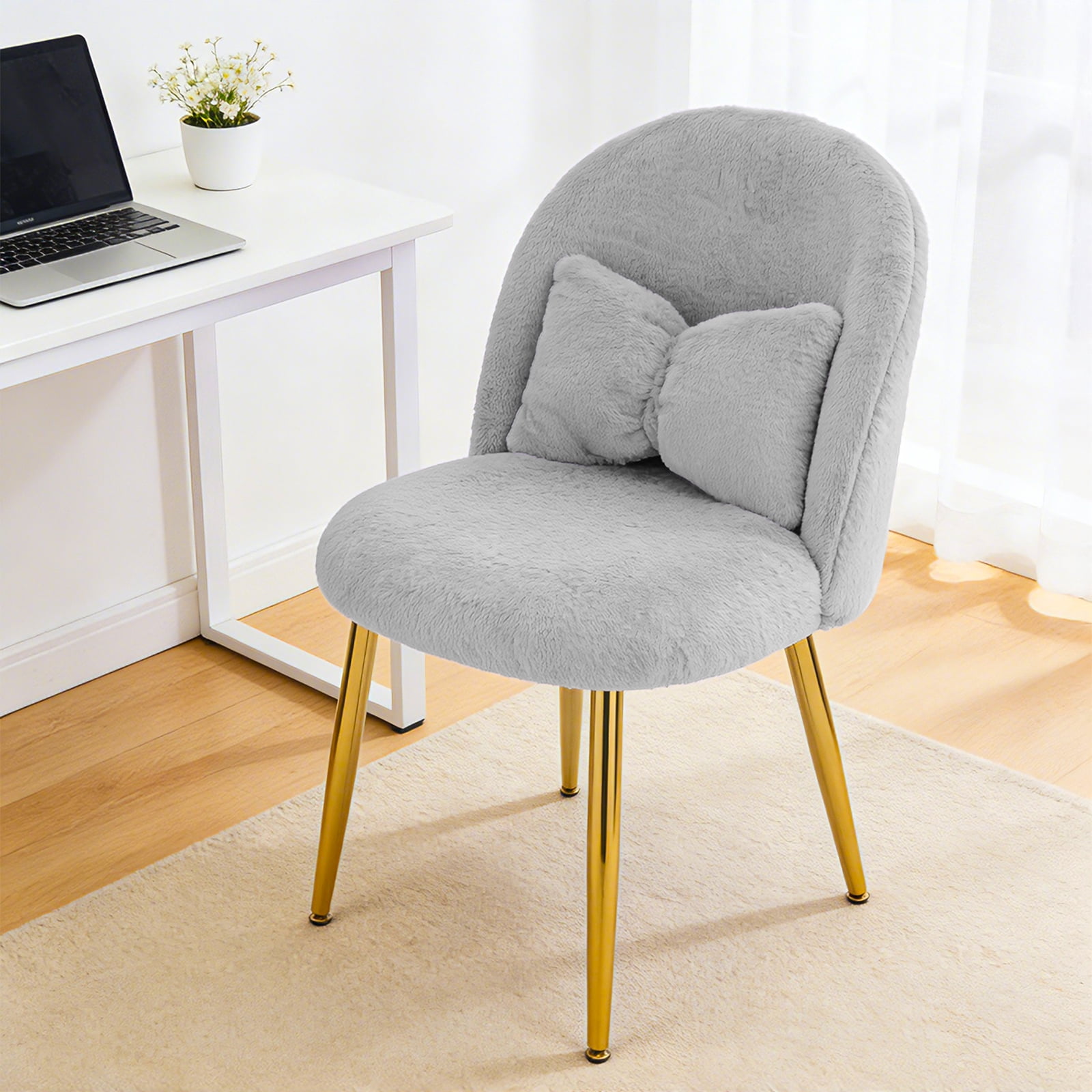 Ktaxon Vanity Makeup Chair Comfy Accent Chair Small Office Chair for Living Dining Room Bedroom Home Office Faux Rabbit Hair Gray