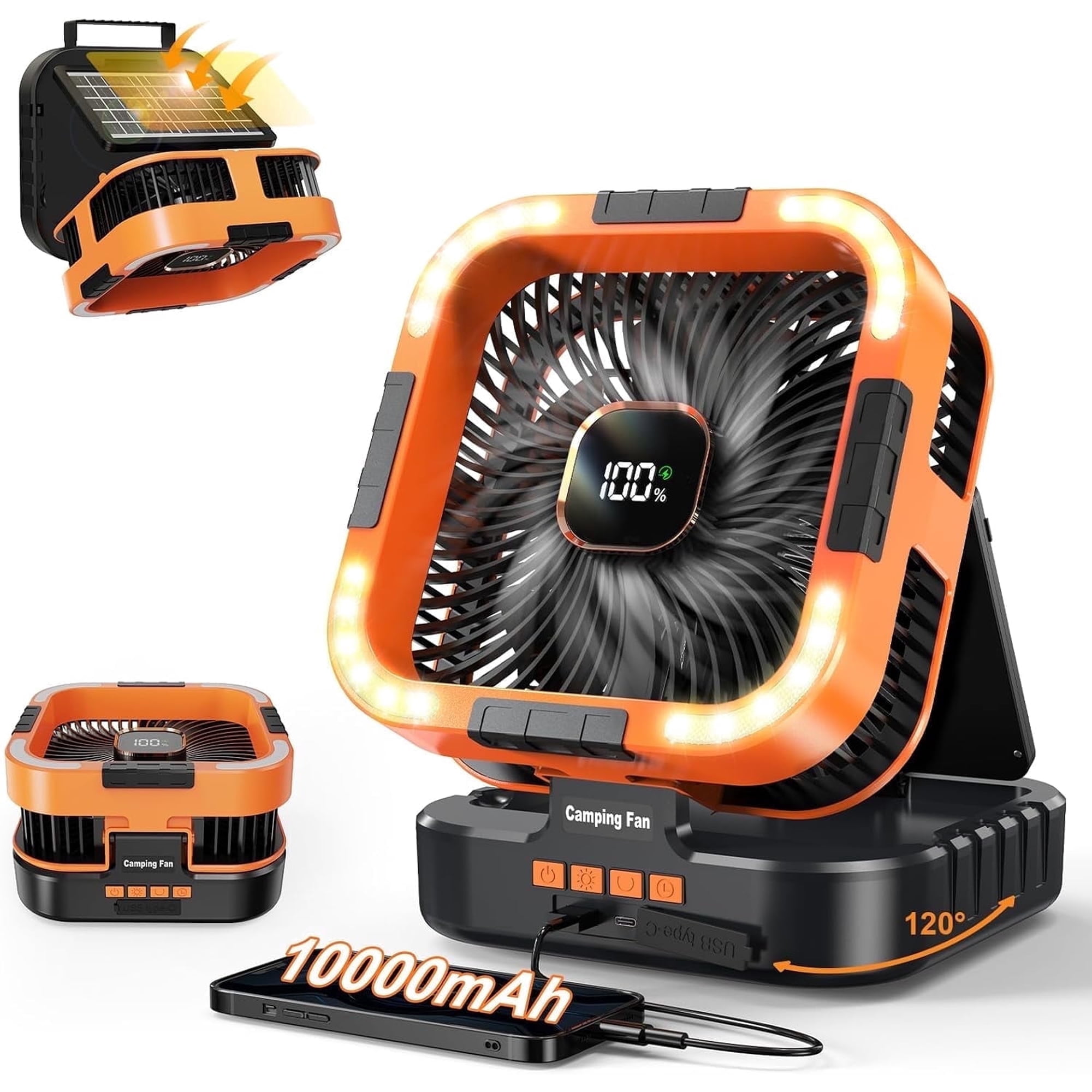 Uarter Solar Fan, 10000mAh Rechargeable Camping Fans with Light, 6 Speeds Wind, 6H Timer Auto Oscillating Portable Fan, for Picnic, Tent, Orange