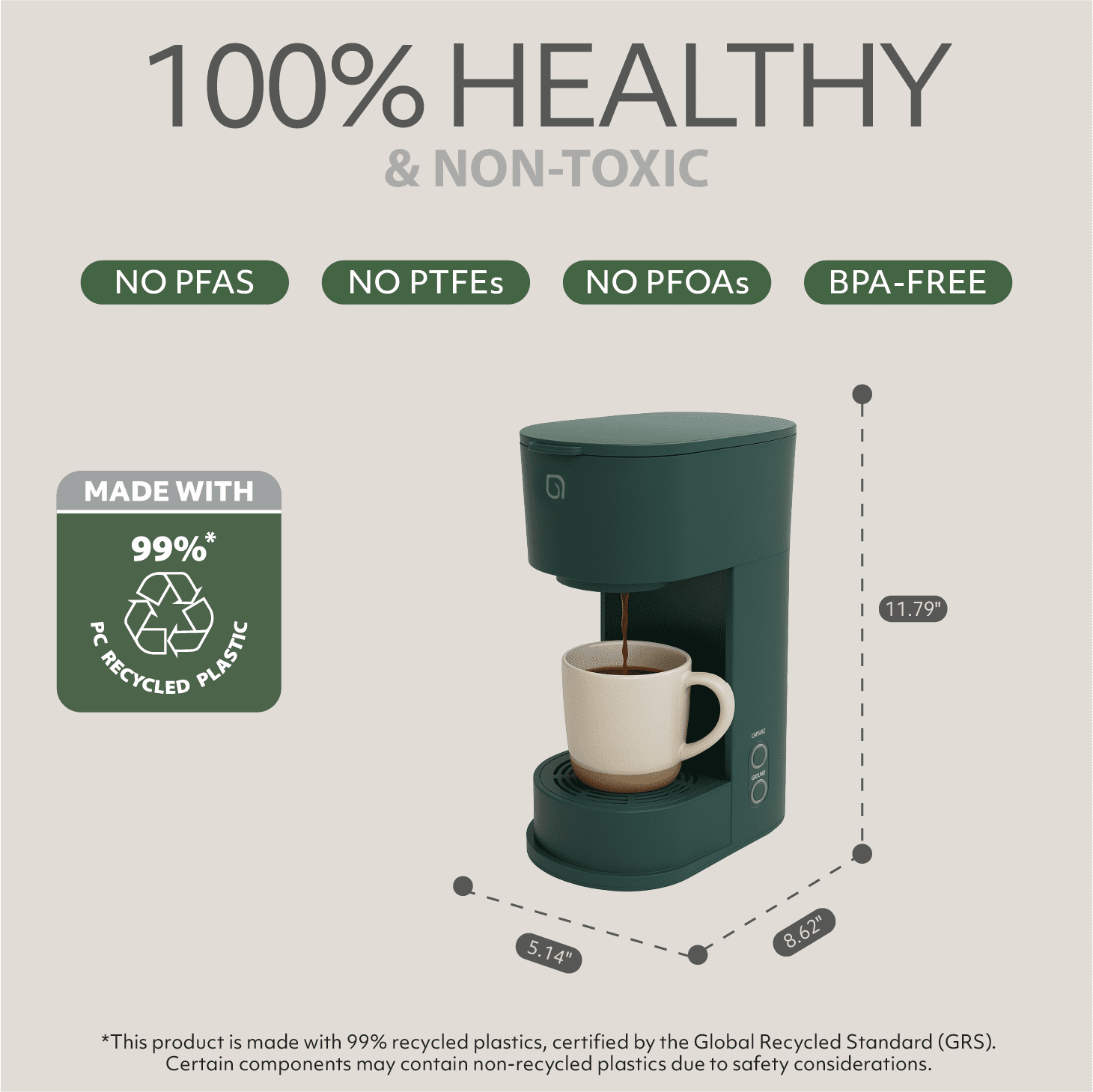Willow Kitchen Single Serve Coffee Maker Machine for Pods & Grounds with K Cup, Self Cleaning & Small Portable Coffee Maker, Green