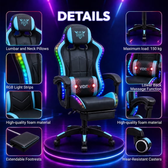 VIDITA Gaming Chair, Racing Style RGB LED Lights Gaming Chairs for Adults and Kids, Lumbar Massager Gamer Chair, High Back Reclining Computer Chair with Footrest and Headrest，Black and Blue