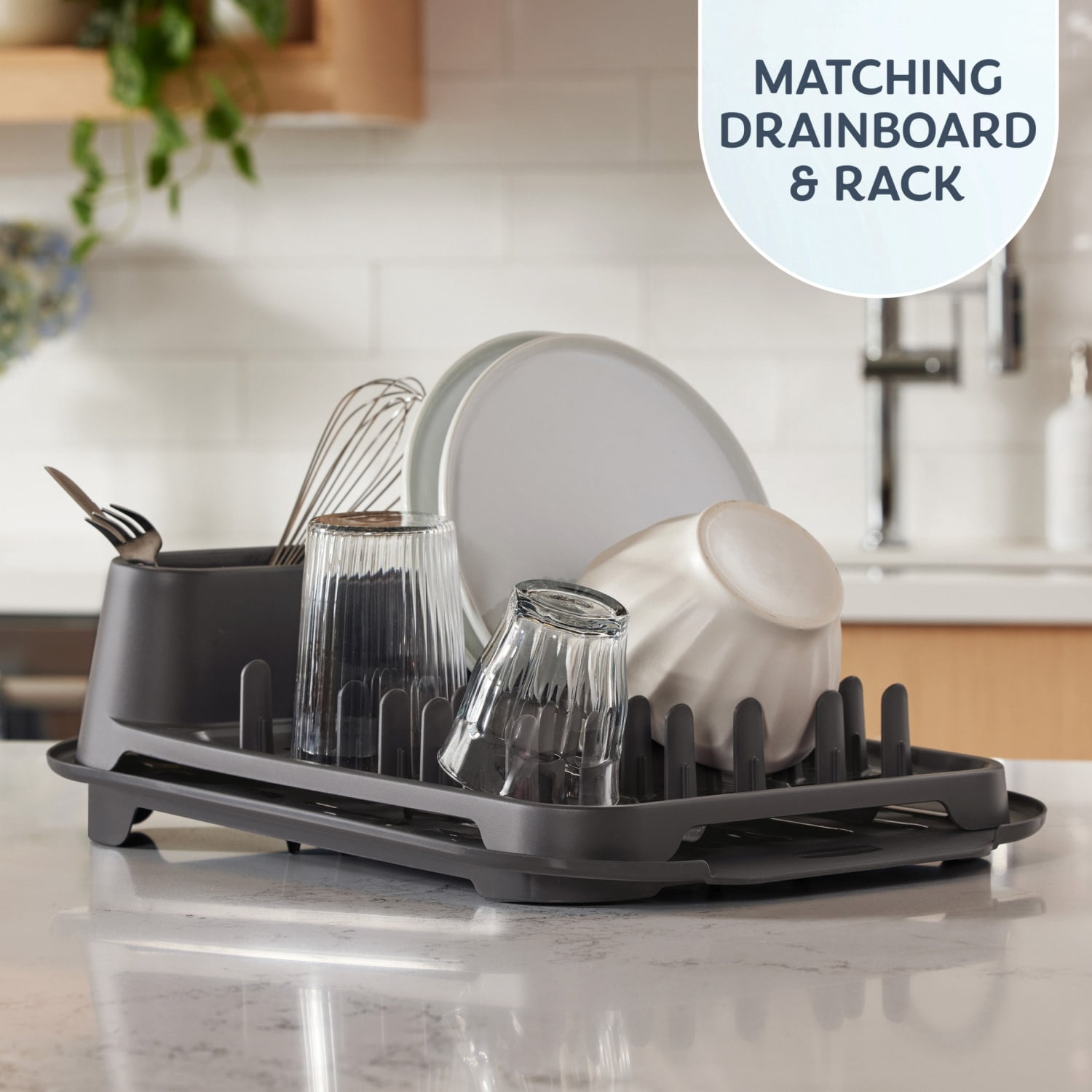 Rubbermaid Antimicrobial Dish Drying Rack with Drainboard, Raven Grey, 2-Piece Set