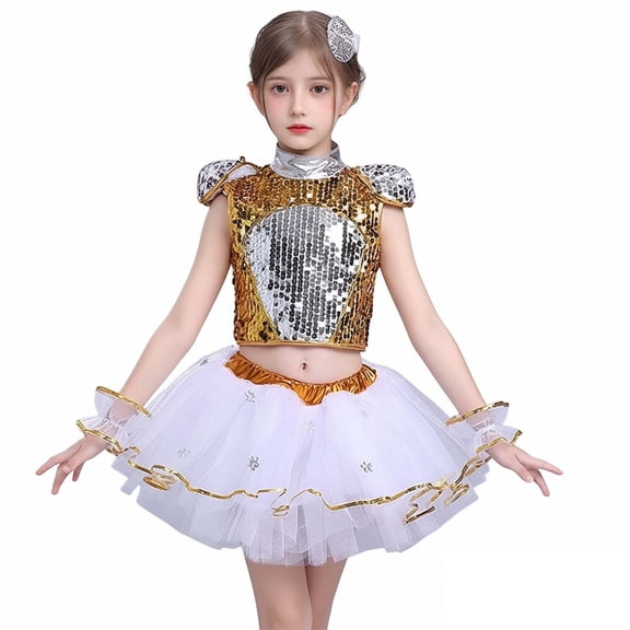 Girls Dance Sparkly Dance Sleeveless Top and Tulle Dance Dresses Set 90s Outfit for Kids Dance Performance Outerwear 13-14 Years