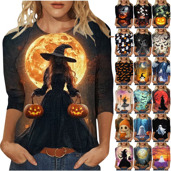 JTZGDY Plus Size Halloween Tops for Women Lightweight Casual Fall 3/4 Length Sleeve Cute Ghost Pumpkin Pattern Printed Crew Neck Basic Tunic Blouse Loose Fit Trendy Holiday Graphic Tees Shirt