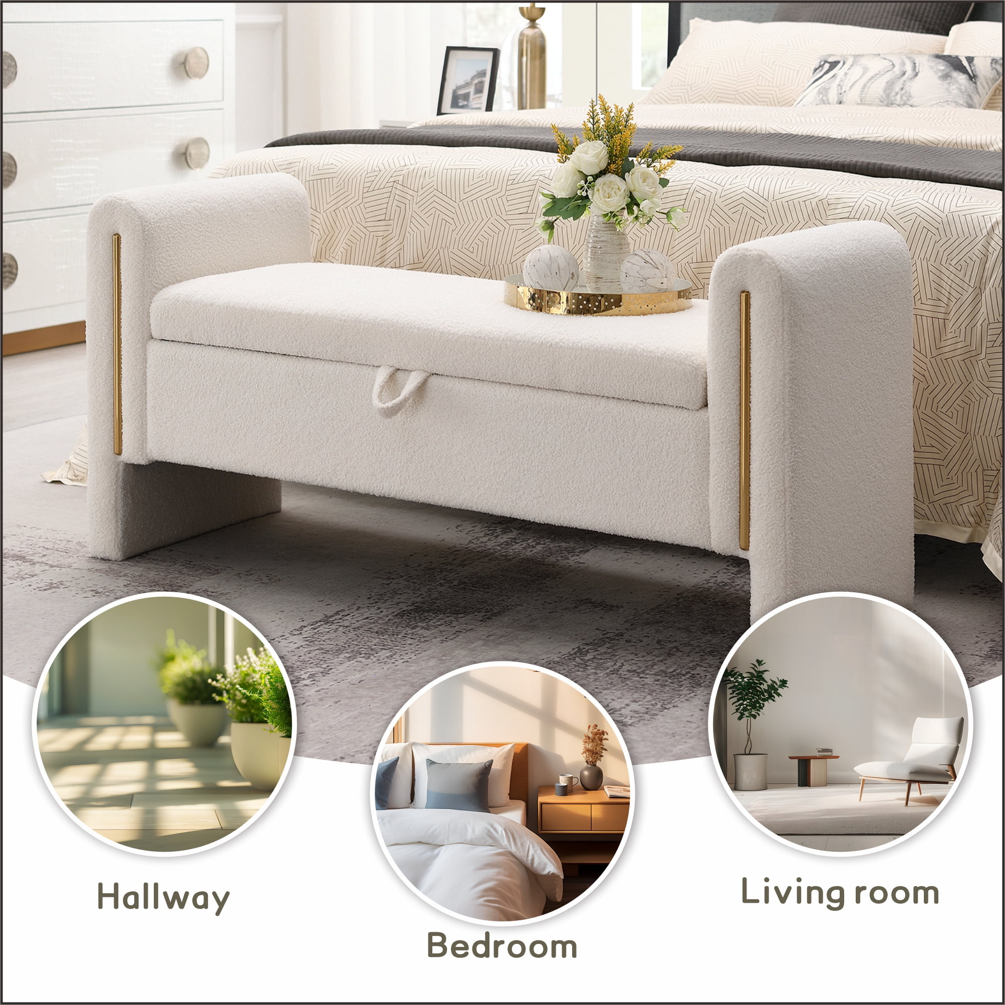 QianYueLUX 52" Storage Ottoman Bench with Armrests, White Teddy Fabric, 250lbs Capacity, Multi-Functional Footrest for Bedroom & Entryway