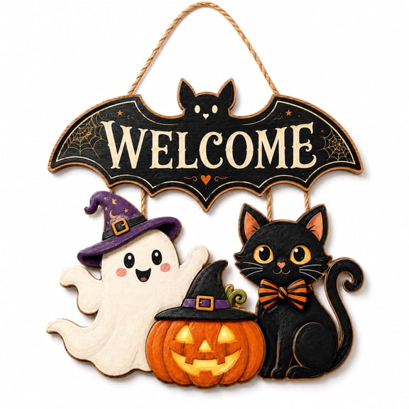 Halloween Wooden Door Sign, 15.7 Inch Bat Welcome Door Hanger with Ghost Pumpkin Black Cat, Cute Halloween Front Door Porch Wall Decor
