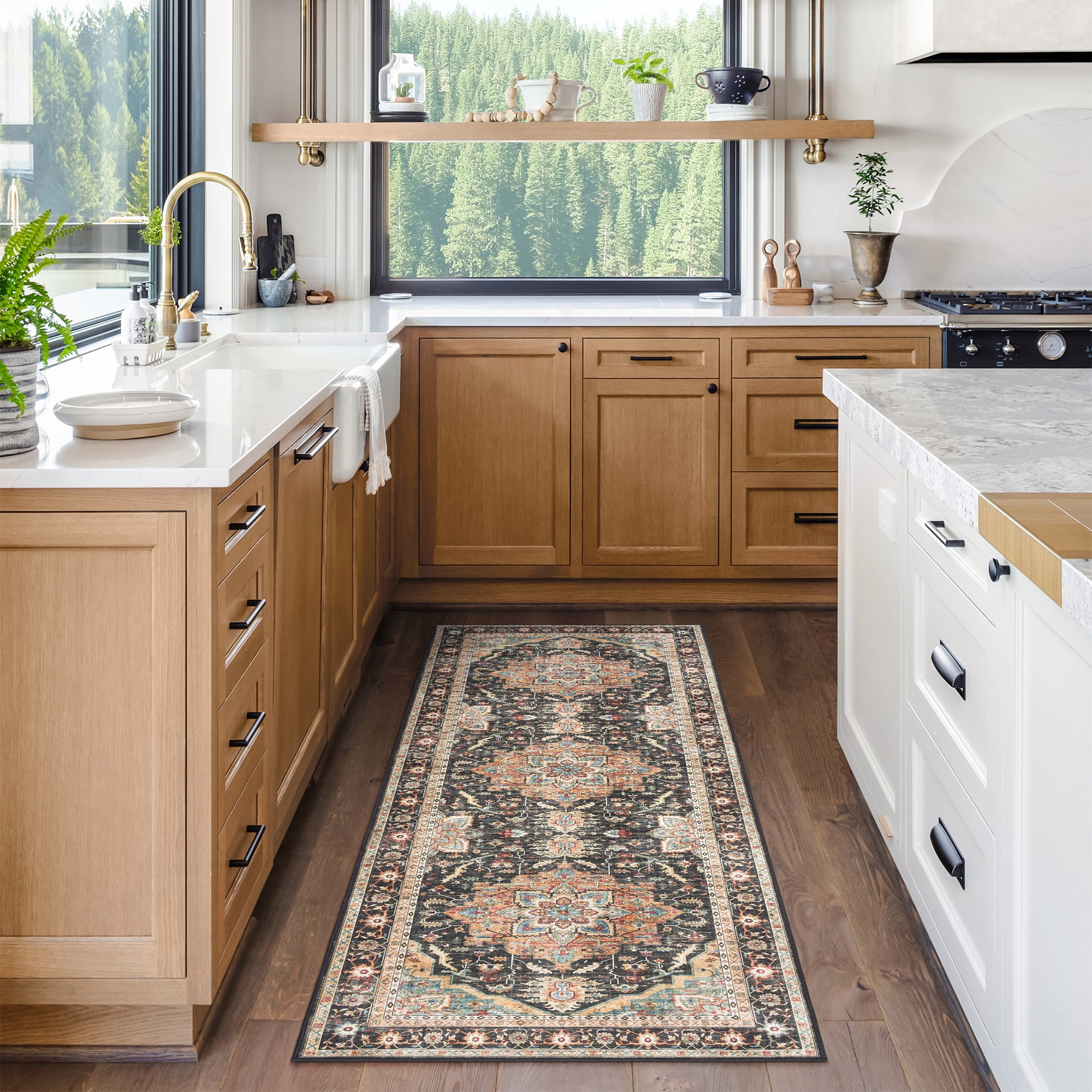 Crystal Print Tiefi Traditional Oriental Black/Beige Non-Slip Washable Indoor Area Rug, 2x6 Runner
