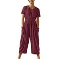 thumbnail image 2 of up to 60% off Gifts Usmixi Jumpsuits for Women Dressy Fashion Elastic Waist Pleated Cotton Linen Pocket Jumpsuits Summer Crewneck Short Sleeve Solid Long Trendy Rompers Wine xxl, 2 of 7