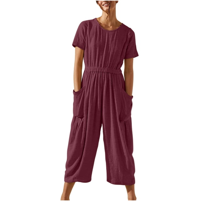 Womens Summer Short Sleeve Cotton Linen Jumpsuits Elastic Waist Casual Wide Leg Cropped Pants Rompers with Pockets