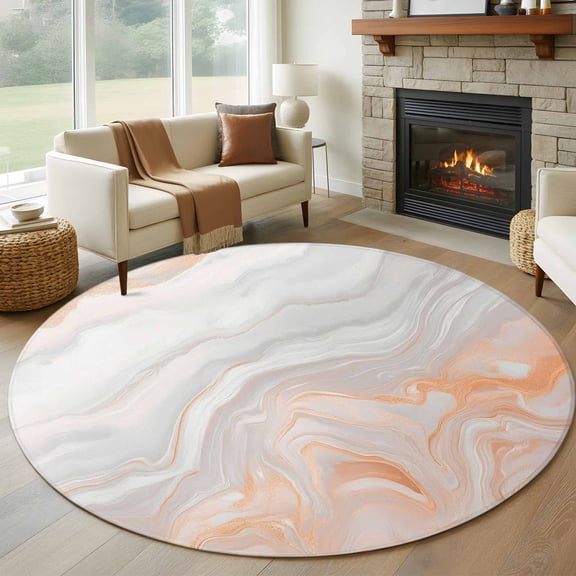 Round Area Rug 8 Ft, Orange Gray White Washable Non-Slip Circle Carpet for Living Room/Bedroom, Modern Farmhouse Abstract Marble Collection Low-Profile Large Area Rugs for Indoor