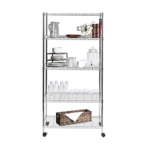 Seville Classics Étagère en Treillis d'Acier à 5 Niveaux avec Roulettes, 30 Pouces L x 14 Pouces P, Chrome