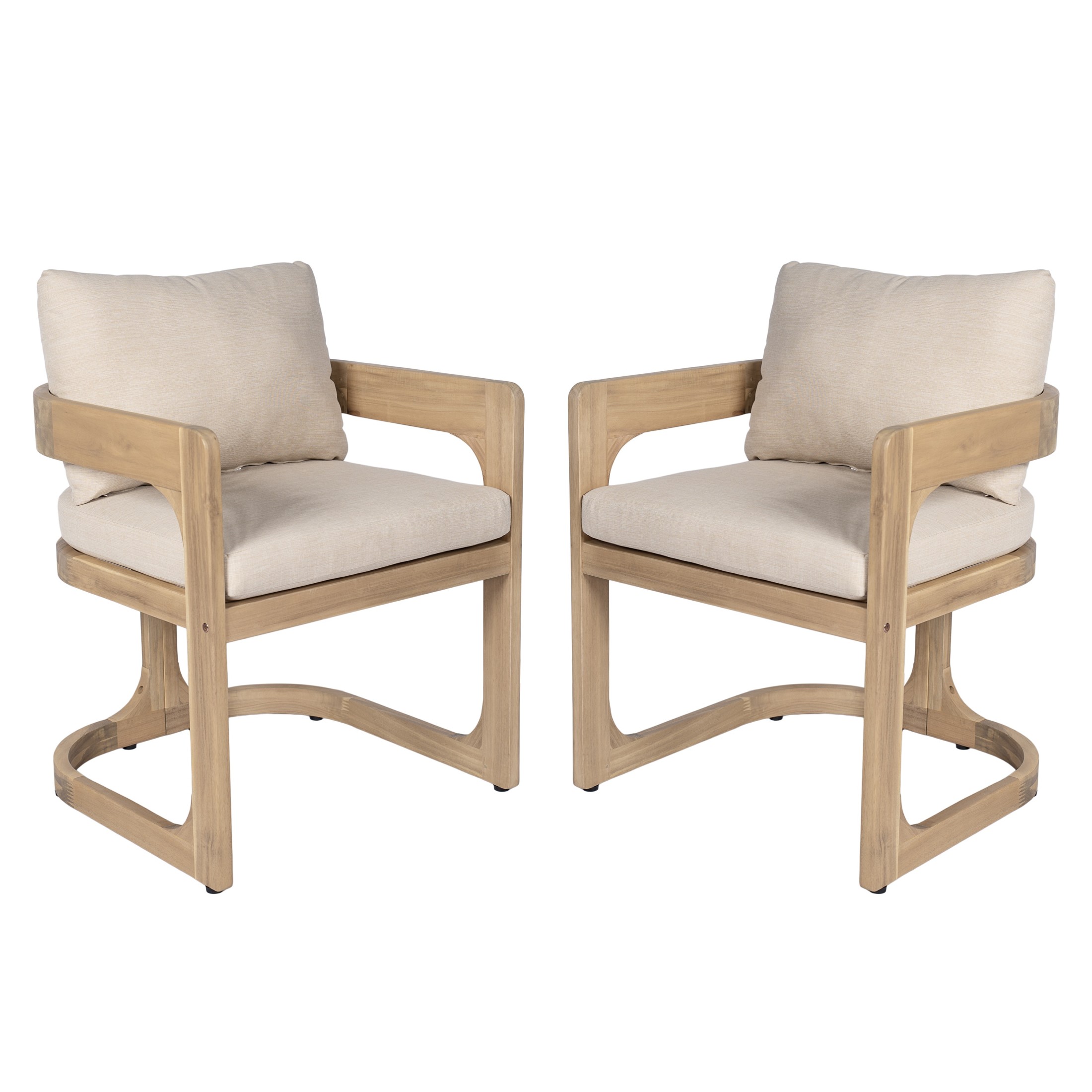 Christopher Knight Home Wooden U-Shaped Outdoor Dining Chair with Beige Cushion, Natural, Set of 2