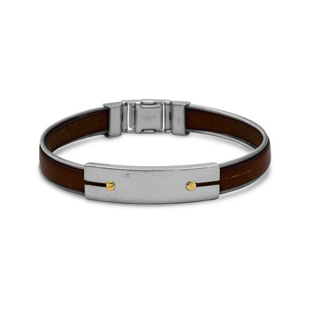 Jewelryweb Sterling Silver 8 5 Inch Stainless Steel And Leather Sterling Silver 8 5 Inch Stainless Steel And Leather Mens Bracelet With 18 Karat Gold Accents