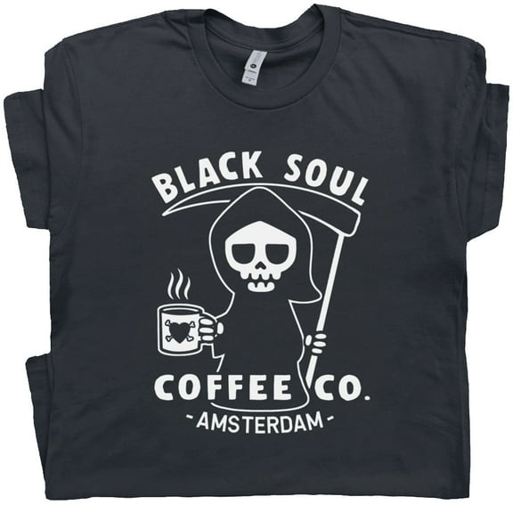 Black Soul Coffee T Shirt Cool Vintage Amsterdam Café Shirts For Men Women Funny Retro Grim Reaper Death Graphic Tee