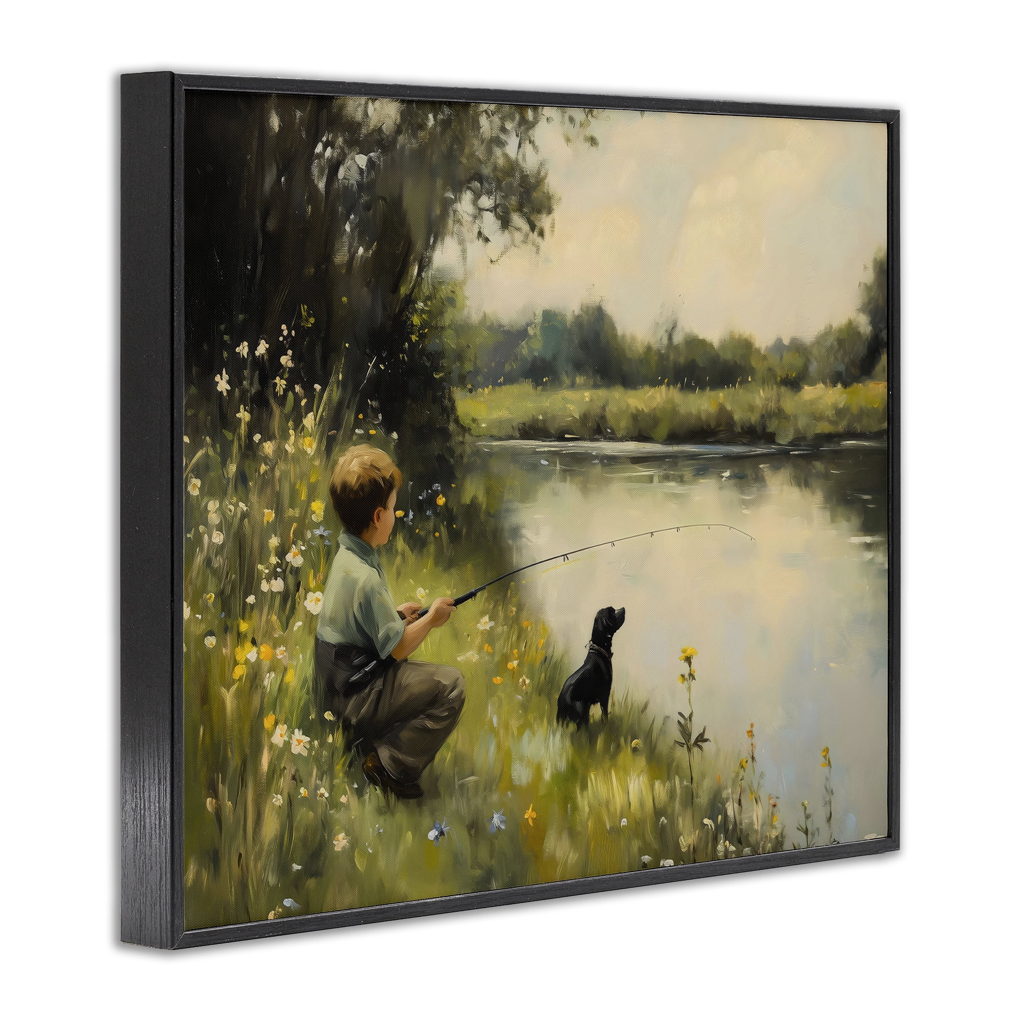 Boy & Puppy Fishing Black Framed Giclee Art, design by Arlington Prints