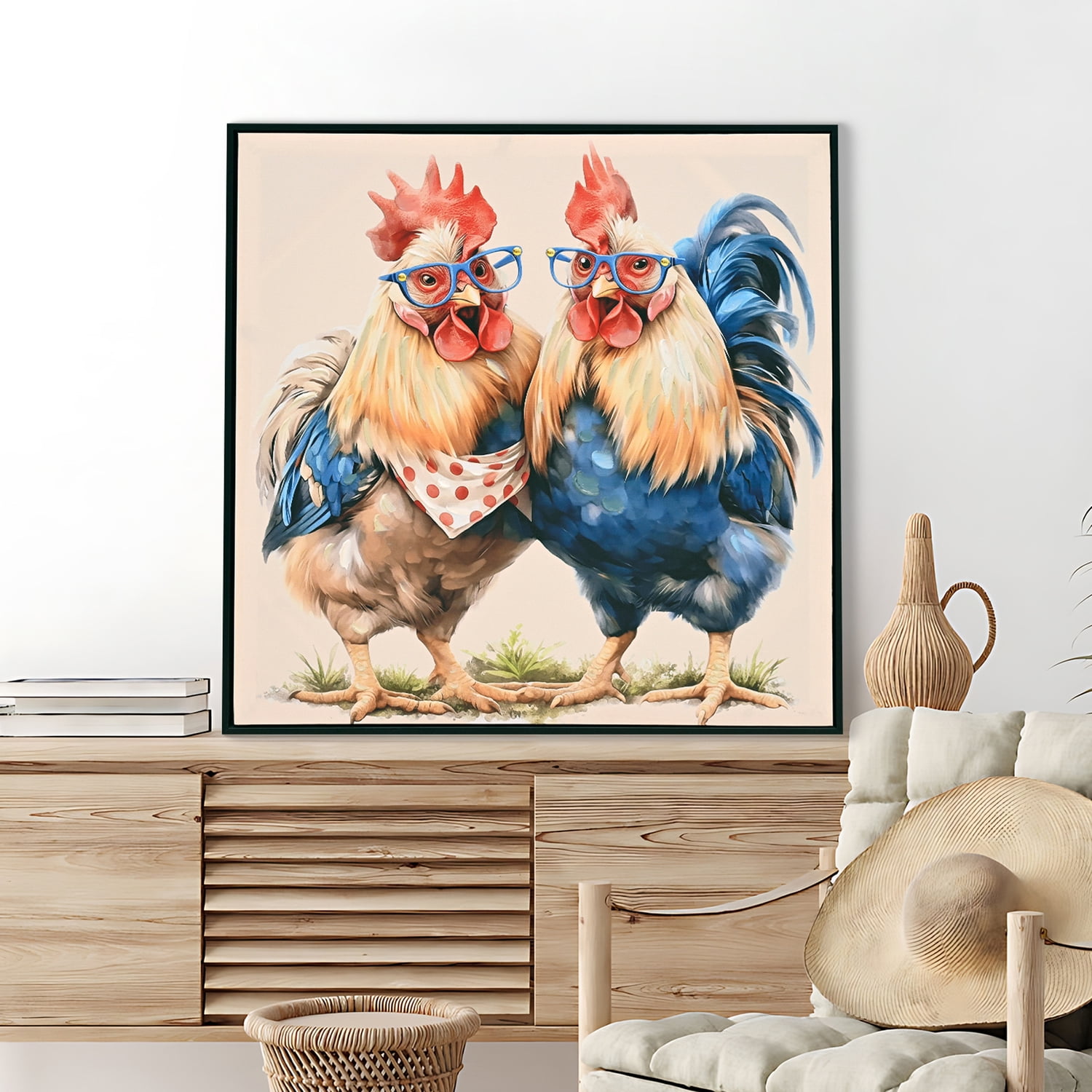 MOONMISS 24x24 Rooster Canvas Wall Art Farmhouse Rustic Chicken Country Farm Print Framed Living Room Kitchen Decor