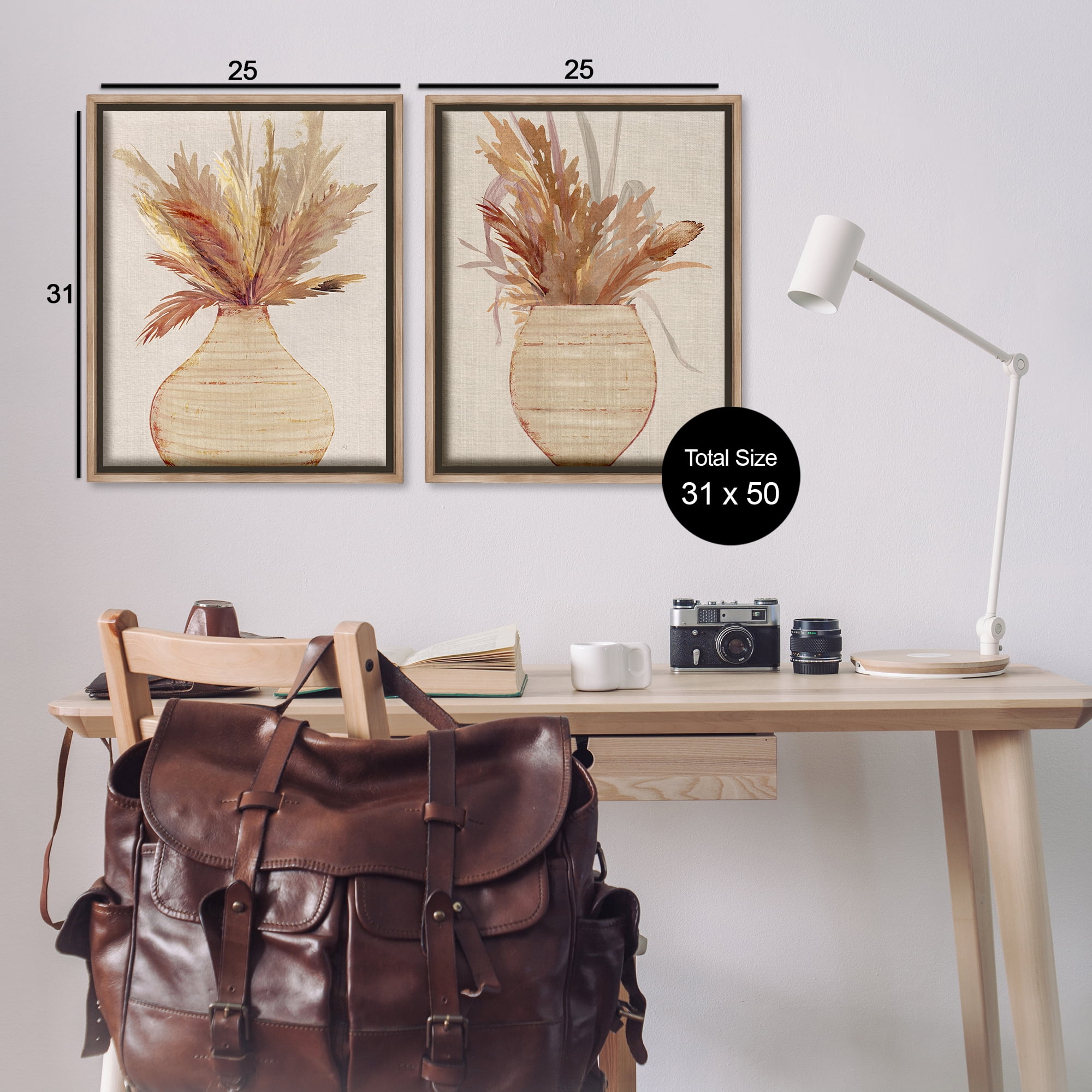 Stupell Industries Potted Feather Pampas Plants & Flowers Painting Brown Floater Framed Canvas Art Print Wall Art, 31 x 25, Set of 2