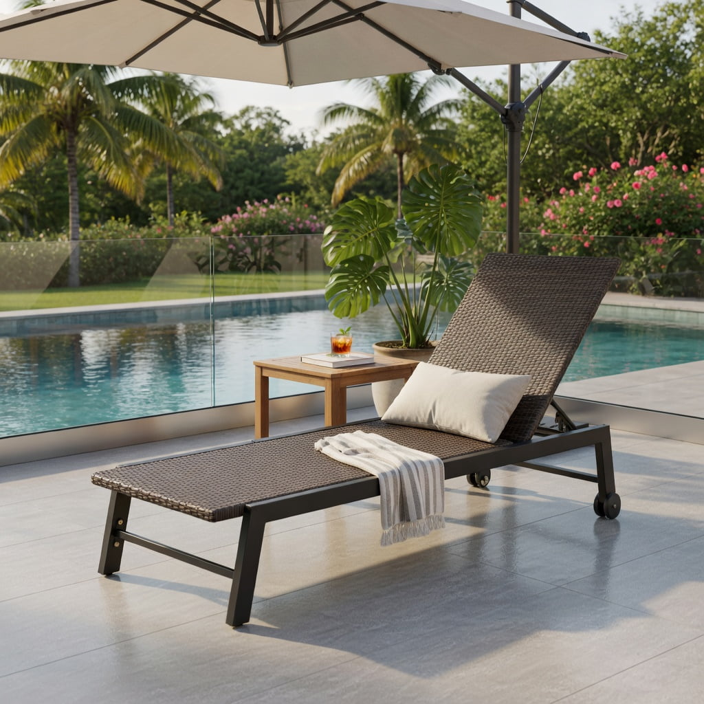Hommoo PE Rattan Chaise Lounge Chair with 5-Position Adjustable Backrest, Heavy-Duty Steel Frame, Rolling Wheels, Woven Outdoor Recliner for Patio, Poolside & Deck, Brown