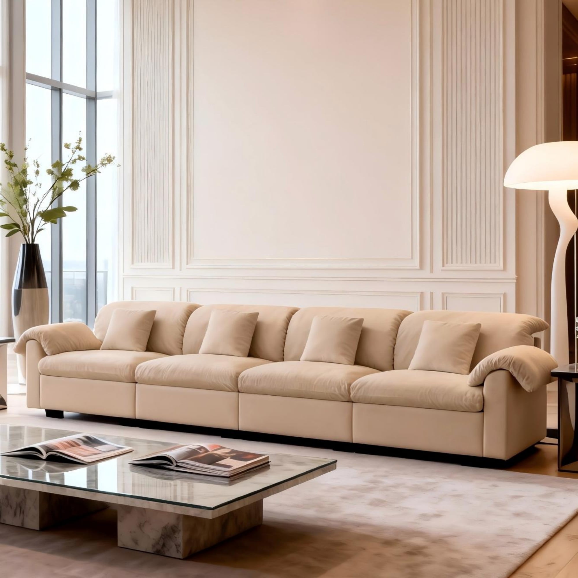 Gewnee Modern 4 Seaters 154.7"Deep Seat Comfy Velvet Oversize Sofa Couch with 4 Waist Pillows for Living Room