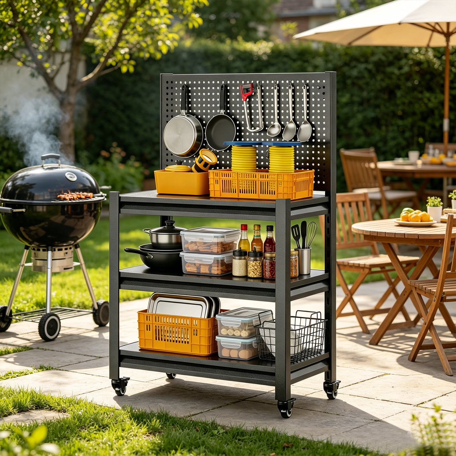 Outdoor Grill Cart Table with Pegboard, Indoor and Outdoor Pizza Oven Table with Lockable Wheels,3-Tier Mobile Multifunctional Organizer Table for Grilling Fans, 47.2" H x 33.5" W x 18" D Black