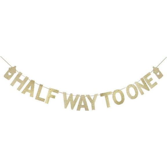 Half Way to One Banner, Vintage Gold Glitter Paper Sign for Baby's 6 Months Old Birthday Party, Kid's 1/2 Birthday Party Decorations Supplies