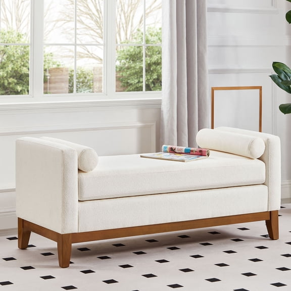 CQSXDA Large Upholstered Boucle Fabric Ottoman with Plush Pillows - Padded Window Bench for Entryway Living Room, Ivory