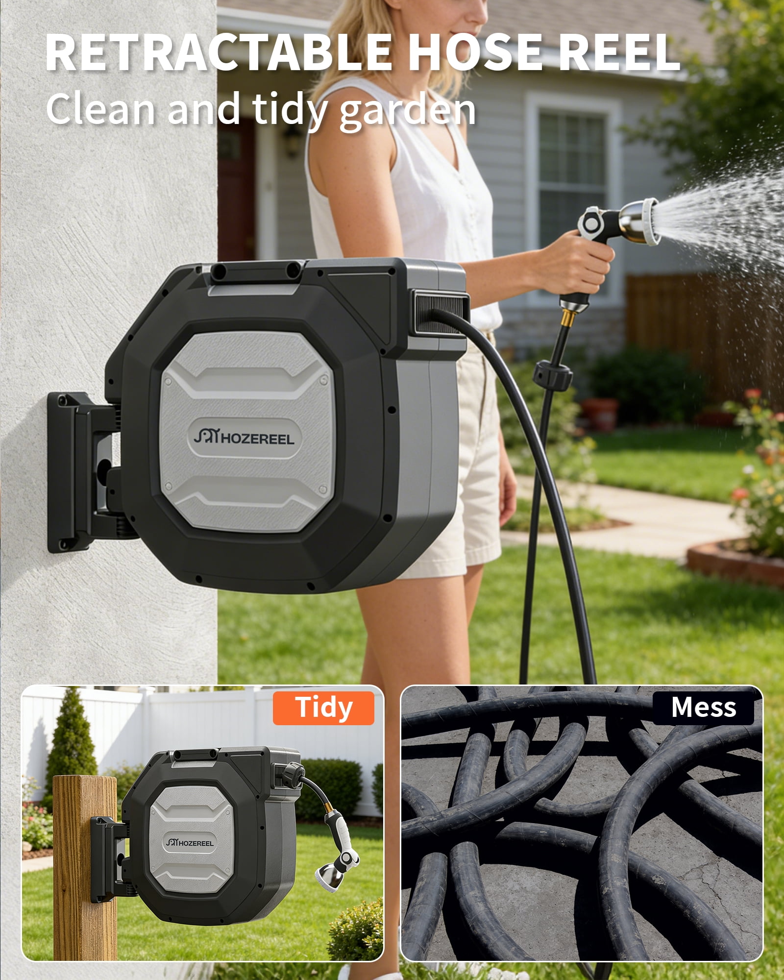 HOZEREEL 5/8" x 100 ft Heavy Duty Retractable Garden Hose Reel, Outdoor Garden Hose Reels - Self Retract Wall Mount Hose Reel Automatic Storage, Any Length Lock, 10 Pattern Nozzle