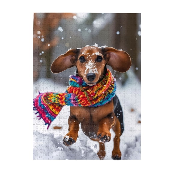 500-Piece Wooden Jigsaw Puzzle for Adults - Dachshund Scarf Snow Winter , Fun & Challenging Brain Teaser, Stylish Home Decor & Unique Gift