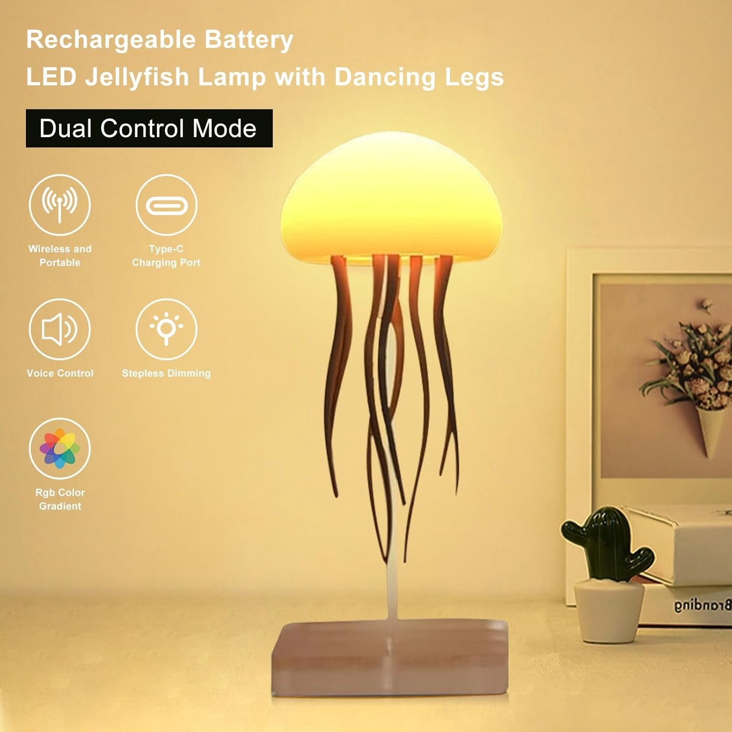 LED Jellyfish Lamp RGB Gradient Jelly Fish Light Lamp Voice Control Jellyfish Light with Dancing Legs and Touch Sensor Rechargeable Cute Desk Lamp for Bedrooms, Living Room (Hanging + Base)