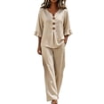 thumbnail image 2 of LEKODE Halter Neck Linen Set for Women 2 Piece Sets Ruffle Tops Boho Tops Flowy Pants for Women Short Sleeves Gauze Shirts Wide Leg Pant Set Linen Pants Set Plus Size Dressy Casual Beige S, 2 of 5